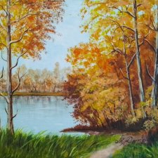 ZESTAW RĘCZNIE MALOWANYCH OBRAZÓW - DYPTYK JESIENNE DRZEWA, POLSKI PEJZAŻ 2x 24x30cm