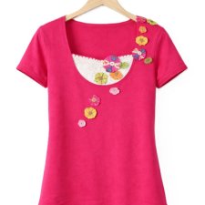 Unikatowy T-shirt vintage aplikacje kwiaty fuksja