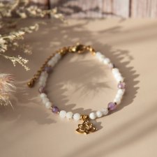 Bransoletka z kamieni - kamień księżycowy i ametyst chevron z kwiatem lotosu