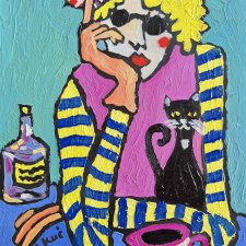 obraz do salonu olejny portret wczasy na stole