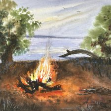 Wieczorne ognisko nad rzeką 30/42cm. Original Akwarela A3