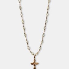 Naszyjnik z Prawdziwych Pereł z Pozłacanym Krzyżem | Srebro Pozłacane i Stal Chirurgiczna | Różaniec Damski | Prezent na Komunię i Ślub