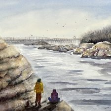 Relaks nad rzeką 30x42 cm original Akwarela