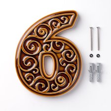 Numer domu, cyfra 6 miodowo-brązowa, do przykręcenia
