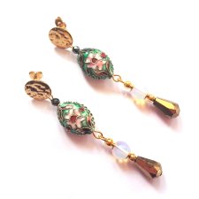 ZIELONE CLOISONNE Z OPALEM W ZŁOCIE - DŁUGIE KOLCZYKI