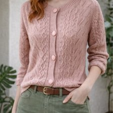 Vintage Ażurowy sweter kardigan cottagecore w pudrowym różu, akryl wełna ???? Wiosna