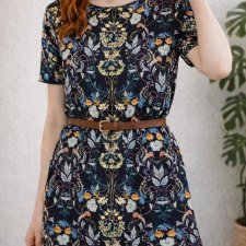 Krótka sukienka tunika w roślinne wzory kwiaty jak William Morris cottagecore