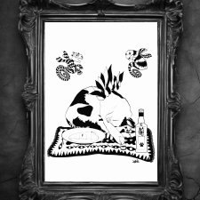 Czarno-biały surrealistyczny plakat z kotem A3 - The Afterparty | Upadek K-Kota & Halucynacje