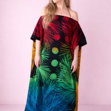 Unikatowa kolorowa sukienka bawełniana, batikowa z biżuterią