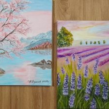 ZESTAW RĘCZNIE MALOWANYCH OBRAZÓW - DYPTYK "KWITNĄCA WIŚNIA I LAWENDA"