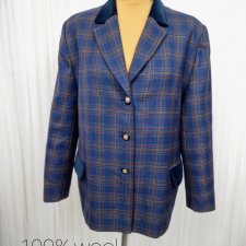 vintage marynarka żakiet damski wełna granatowa kratka 44 plus size