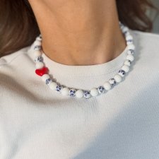 Naszyjnik z ceramicznych koralików z czerwonym akcentem w stylu rustykalnym / boho / folklor / vintage / choker