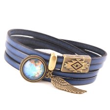 skórzana niebieska bransoletka z globusem i zapięciem magnetycznym