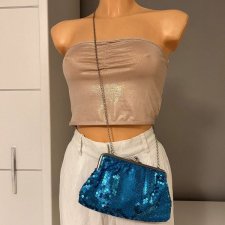 Torebka imprezowa cekinowa turkusowa na zatrzask z łańcuszkiem H2O