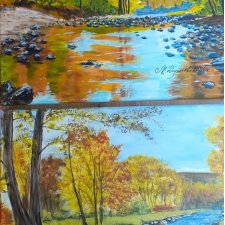 ZESTAW RĘCZNIE MALOWANYCH OBRAZÓW - DYPTYK "JESIEŃ NAD POTOKIEM"