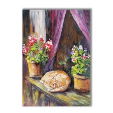 Kotek i pelargonia. Obraz ręcznie malowany.