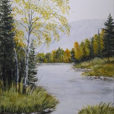 PEJZAŻ AKRYLOWY RĘCZNIE MALOWANY NA PŁÓTNIE "W ZŁOTAWYCH SITOWIACH" - 40x30cm