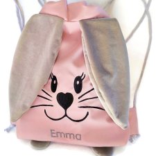 Jasno różowy worek z imieniem do przedszkola szare uszy zając