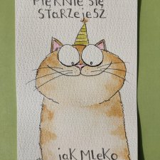 Ręcznie malowana kartka urodzinowa kot handmade
