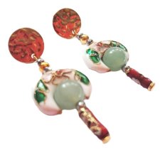 BIAŁE I CZERWONE CLOISONNE W ZŁOCIE - AUTORSKIE KOLCZYKI Z AWENTURYNEM