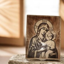 Ikona Grawerowana | Matka Boska na lipowej desce | Prezent | Bieszczady