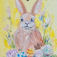 Ręcznie malowana deseczka wielkanocna - uroczy zajączek i pisanki
