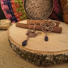 Kolczyki miedziane orient z laspisem lazuli i rubinami