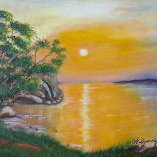 KLASYCZNY PEJZAŻ RĘCZNIE MALOWANY PRZEDSTAWIAJĄCY ZACHÓD SŁOŃCA NAD WODĄ "SŁOŃCE W POMARAŃCZU" - 30x40cm