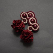 bordowo-kremowe kolczyki sutasz z kwiatkiem