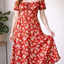 Satynowa czerwona sukienka maxi w kwiatki lato wiosna hiszpanka
