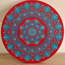 Mandala 30cm ręcznie malowana w odcieniach czerwieni i turkusu - siła, energia, wewnętrzna prawda