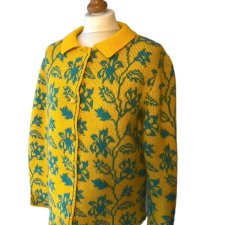 Żółty sweter Vintage w turkusowy wzór kołnierzyk unikat