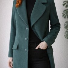 Zielony Turkusowy Morski płaszcz z kieszeniami – klasyczny, elegancki, rozmiar 38