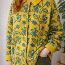 Żółty sweter Vintage w turkusowy wzór kołnierzyk unikat