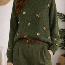 H&M zielony sweter w złote ważki pszczoły  owady Oversize