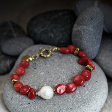 Wyjątkowa bransoletka z kamieni naturalnych - nieregularny koral i perła barokowa