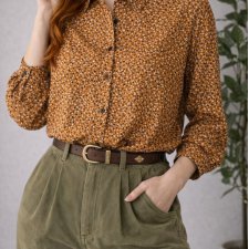 New Look Żółta Musztardowa koszula Retro w czarne i białe kropki z kołnierzykiem styl 70s