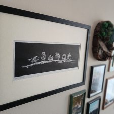 Wróble, ptaki - linoryt, ilustracja, grafika, obrazek, obraz, sztuka