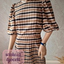 P4 Boska sukienka w kratkę brąz czerń dobry skład bufiaste rękawy 34 XS na jesień