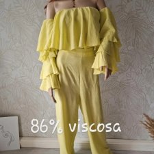 PrettyLittleThing komplet zestaw 40 L wiskoza limonka lato bluzka spodnie szerokie wysoki stan