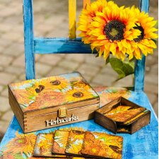 Pudełko na herbatę, motyw słoneczników, prezent dla miłośnika sztuki