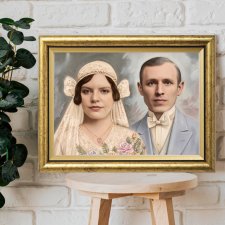 Pamiątka ślubu w stylu vintage | Portret monidło dla pary młodej | Złota rama