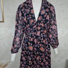 Indiska piękna sukienka czarna kolorowy wzór floral L v dekolt