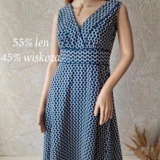 Sukienka na lato biała granatowe grochy 38 M len wiskoza