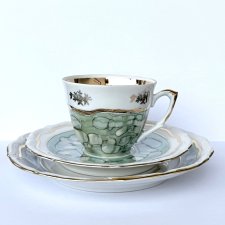 Kolekcjonerskie Trio Wałbrzych Pamiątka I Komunii Świętej Zestaw śniadaniowy zielony marmurek złoto