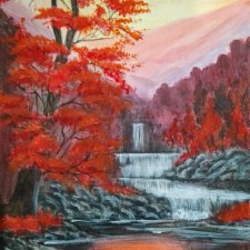 PEJZAŻ AKRYLOWY RĘCZNIE MALOWANY NA PŁÓTNIE "KARMAZYNOWA KASKADA" - 30x24cm (darmowa dostawa)