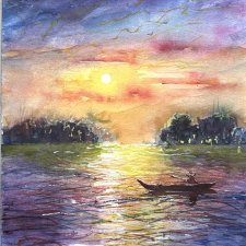 Zachód słońca w lagunie. Original Akwarela A4