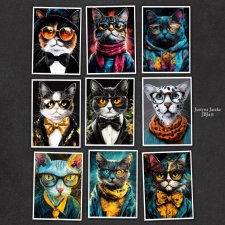 Hipsterskie koty 1 - zestaw 9 grafik 15x21 cm