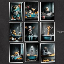 Zwierzęta w kąpieli - zestaw 9 grafik 15x21 cm