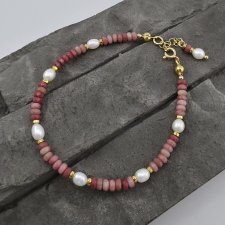 Rodonit i perły w złocie - bransoletka